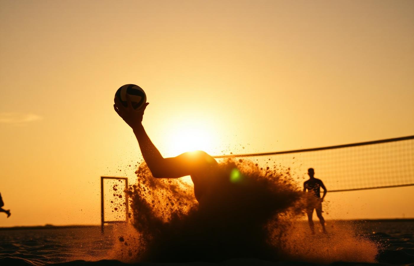 Silhueta de peitada em quadra de areia ao pôr do sol